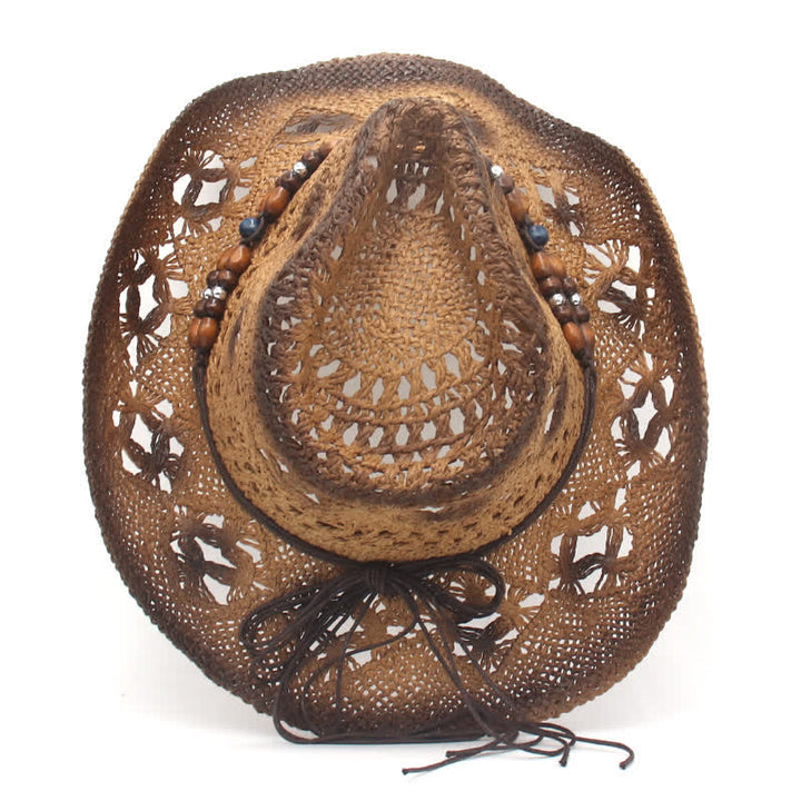 Sombrero de paja estilo vaquero y vaquera con cordón de cuentas huecas estilo bohemio