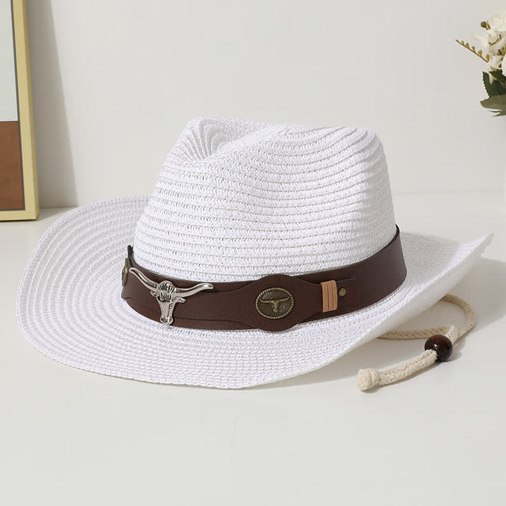 Sombrero de paja protector solar de playa de verano con decoración de ganado