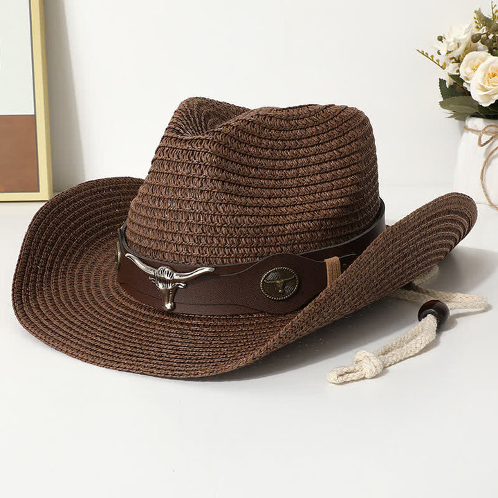 Sombrero de paja protector solar de playa de verano con decoración de ganado