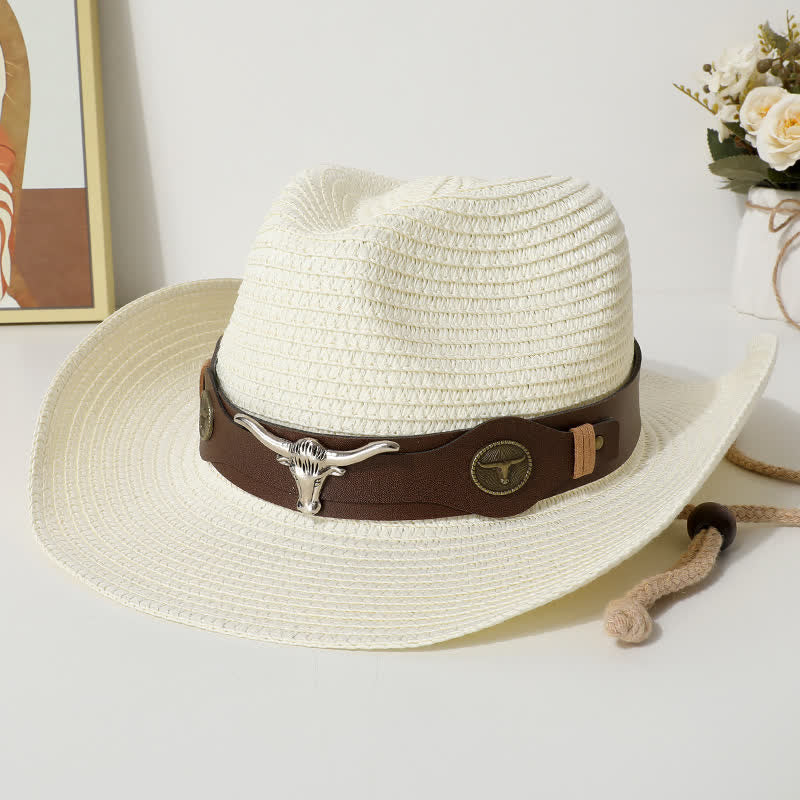 Sombrero de paja protector solar de playa de verano con decoración de ganado
