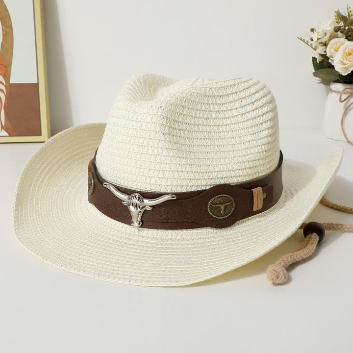 Sombrero de paja protector solar de playa de verano con decoración de ganado