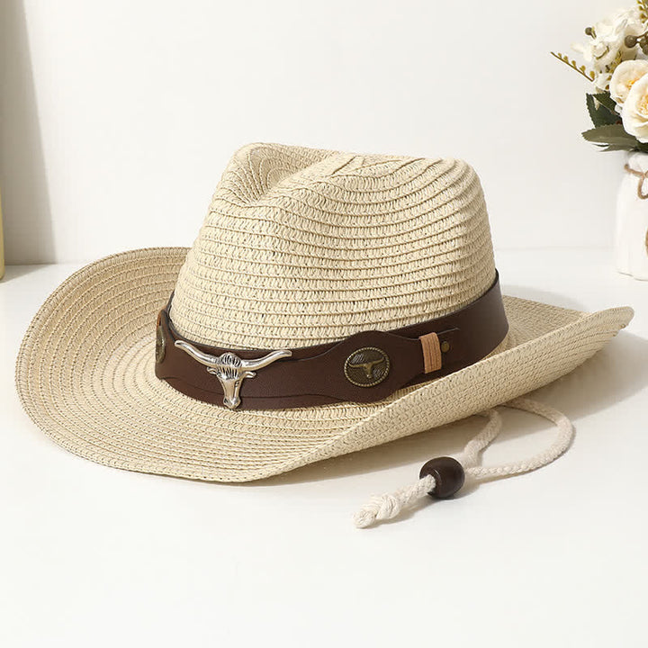 Sombrero de paja protector solar de playa de verano con decoración de ganado