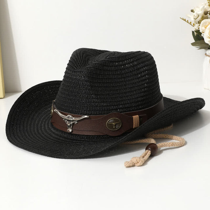 Sombrero de paja protector solar de playa de verano con decoración de ganado