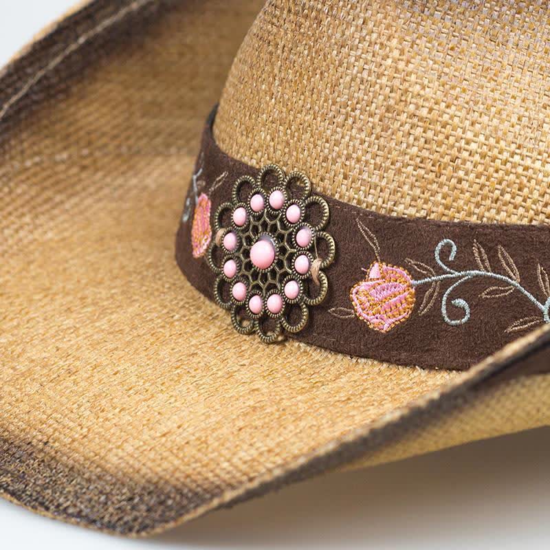 Sombrero de paja vaquero con diseño de vaquera y flores rosas para fiesta del oeste