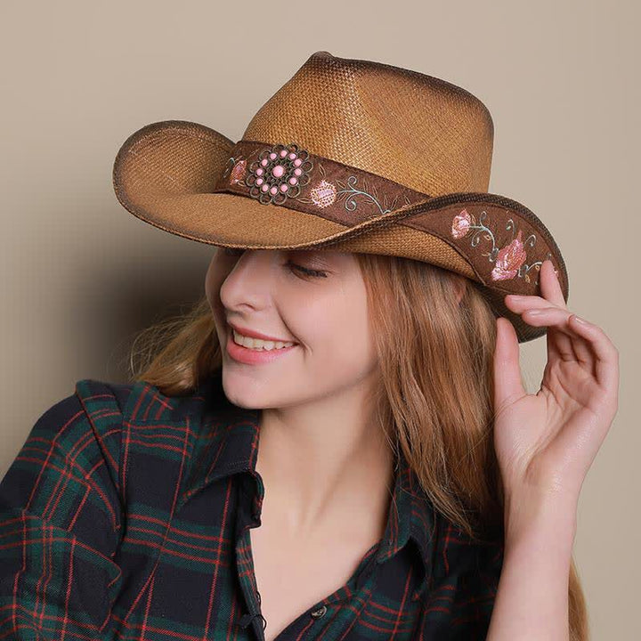 Sombrero de paja vaquero con diseño de vaquera y flores rosas para fiesta del oeste