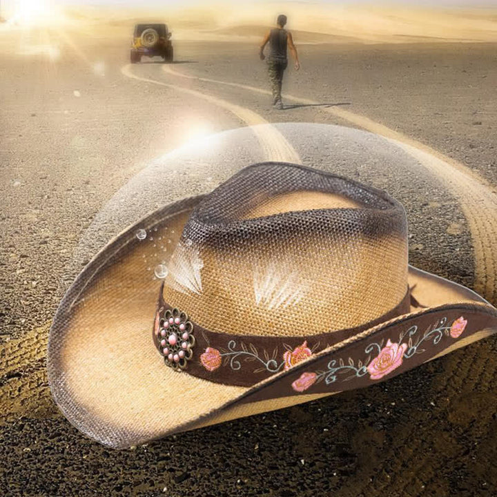 Sombrero de paja vaquero con diseño de vaquera y flores rosas para fiesta del oeste