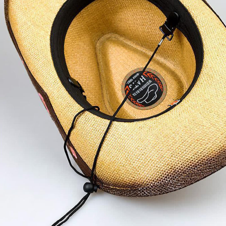 Sombrero de paja vaquero con diseño de vaquera y flores rosas para fiesta del oeste