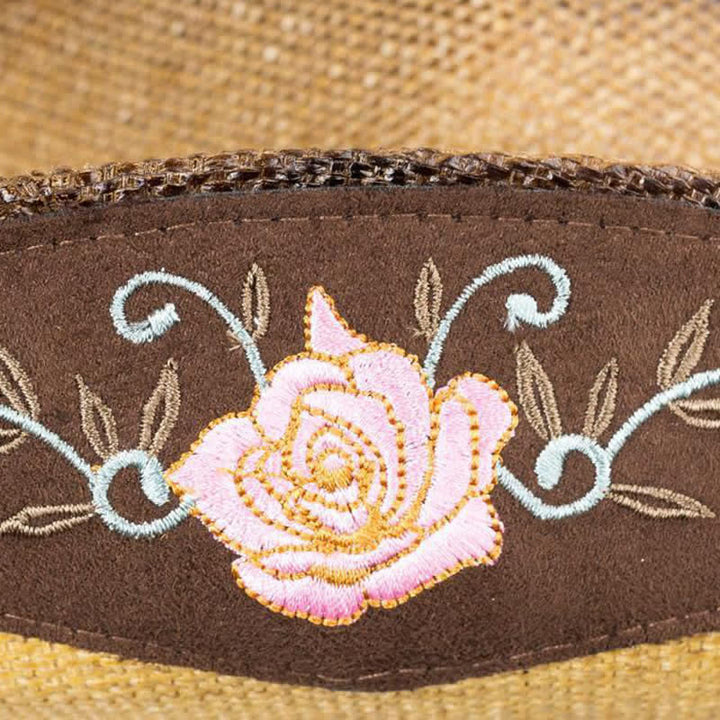 Sombrero de paja vaquero con diseño de vaquera y flores rosas para fiesta del oeste