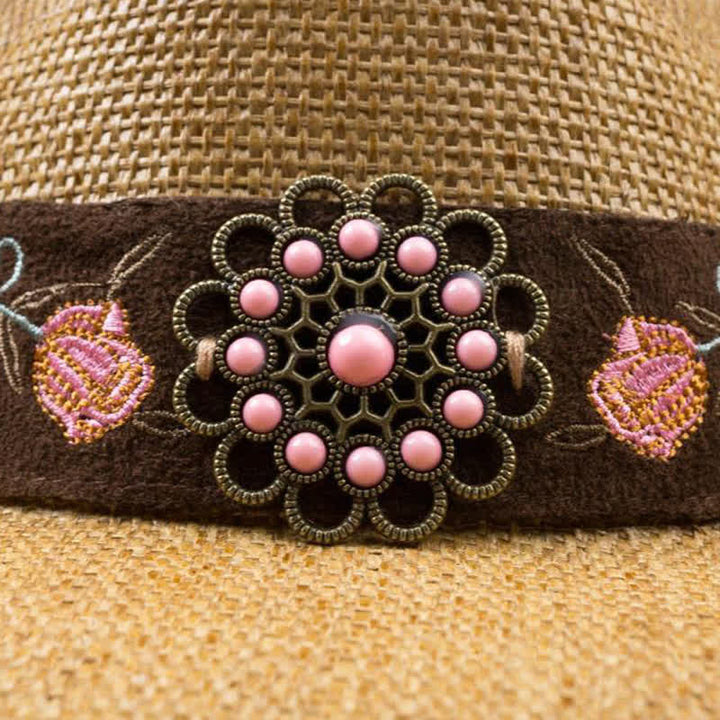 Sombrero de paja vaquero con diseño de vaquera y flores rosas para fiesta del oeste