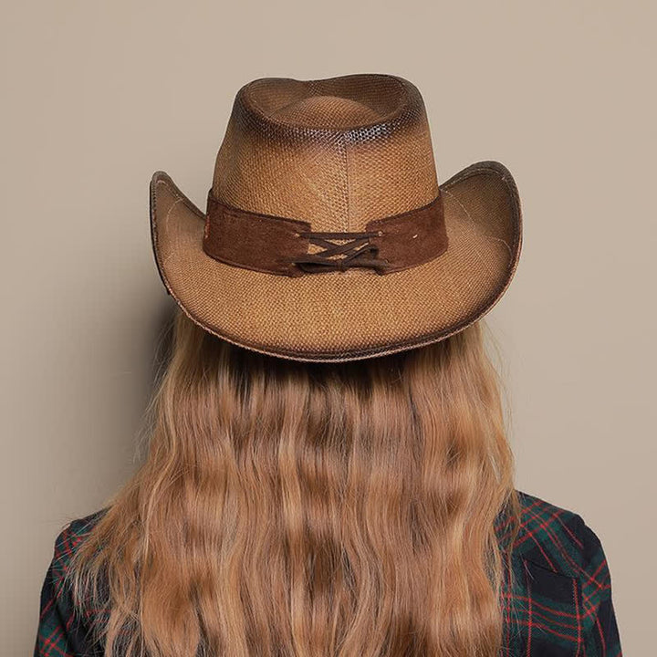 Sombrero de paja vaquero con diseño de vaquera y flores rosas para fiesta del oeste