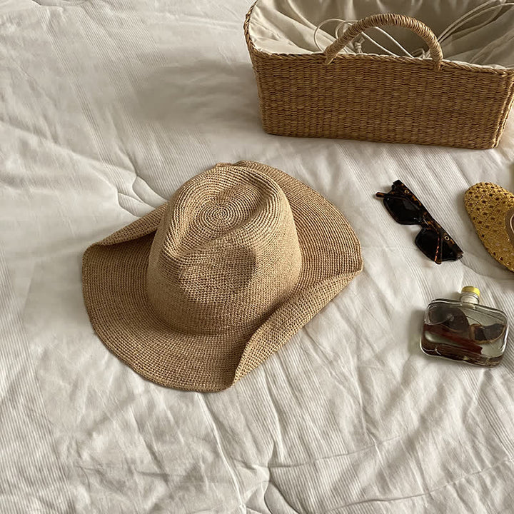 Sombrero de paja de rafia natural para playa con sombrilla para paseos
