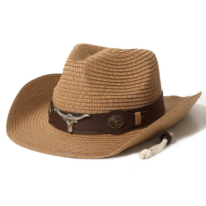 Sombrero de paja protector solar de playa de verano con decoración de ganado