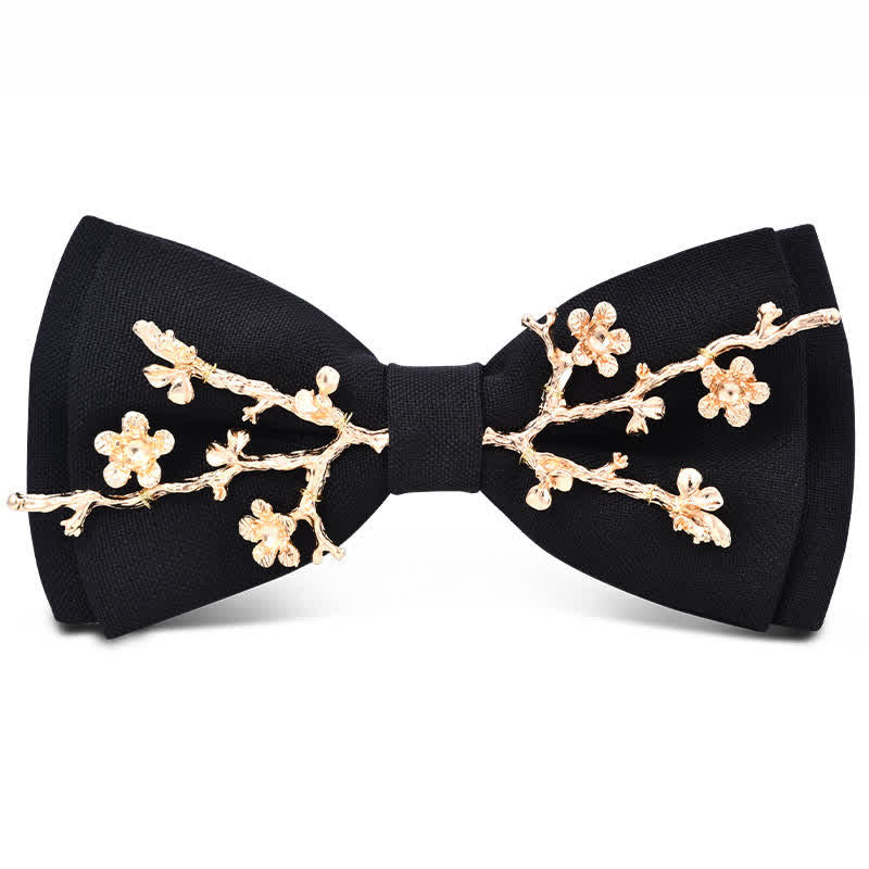 Pajarita de metal dorado burdeos oscuro con flores y hojas para hombre