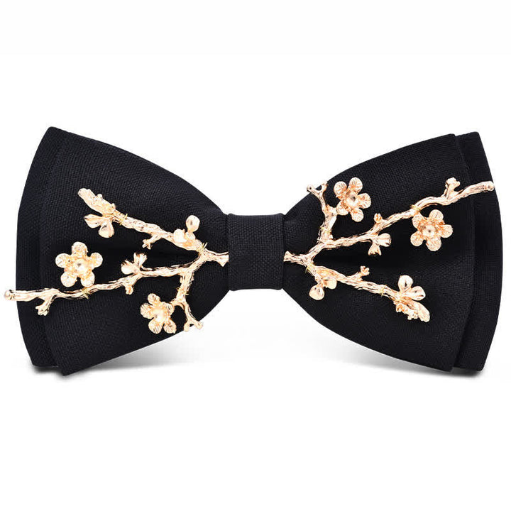 Pajarita de metal dorado burdeos oscuro con flores y hojas para hombre
