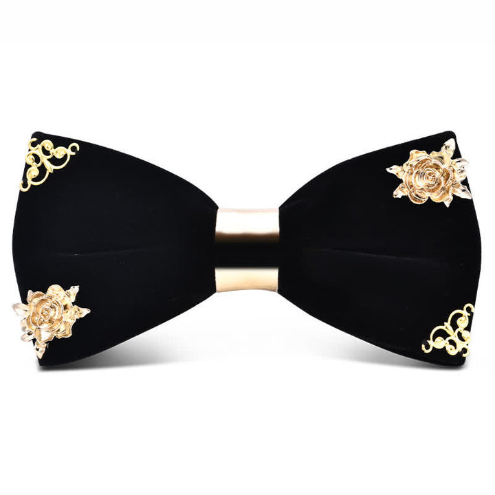 Pajarita de metal dorado burdeos oscuro con flores y hojas para hombre