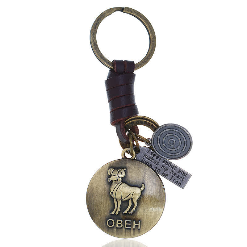 Llavero de cuero con colgante de 12 constelaciones tejido vintage - Aries - image 2