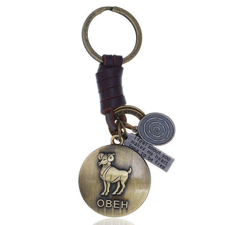 Llavero de cuero con colgante de 12 constelaciones tejido vintage - Aries - image 2