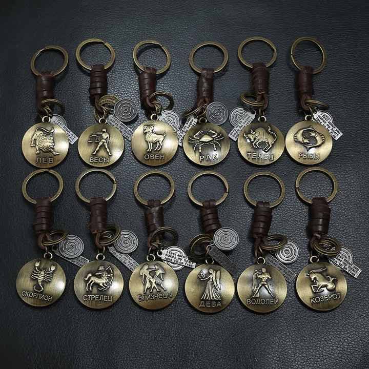 Llavero de cuero con colgante de 12 constelaciones tejido vintage