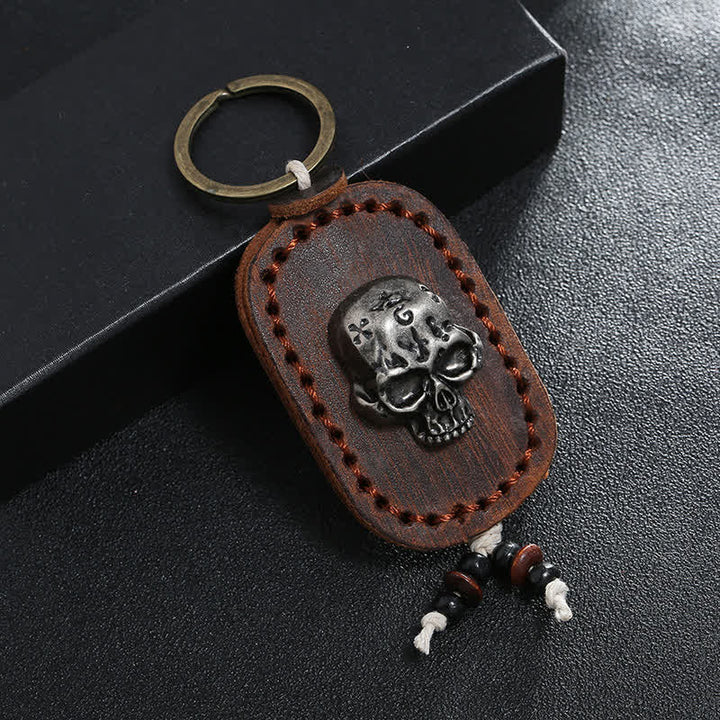 Llavero de cuero con colgante de calavera punk en 3D - Marrón - image 0