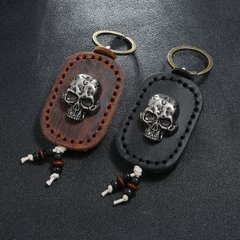 Llavero de cuero con colgante de calavera punk en 3D