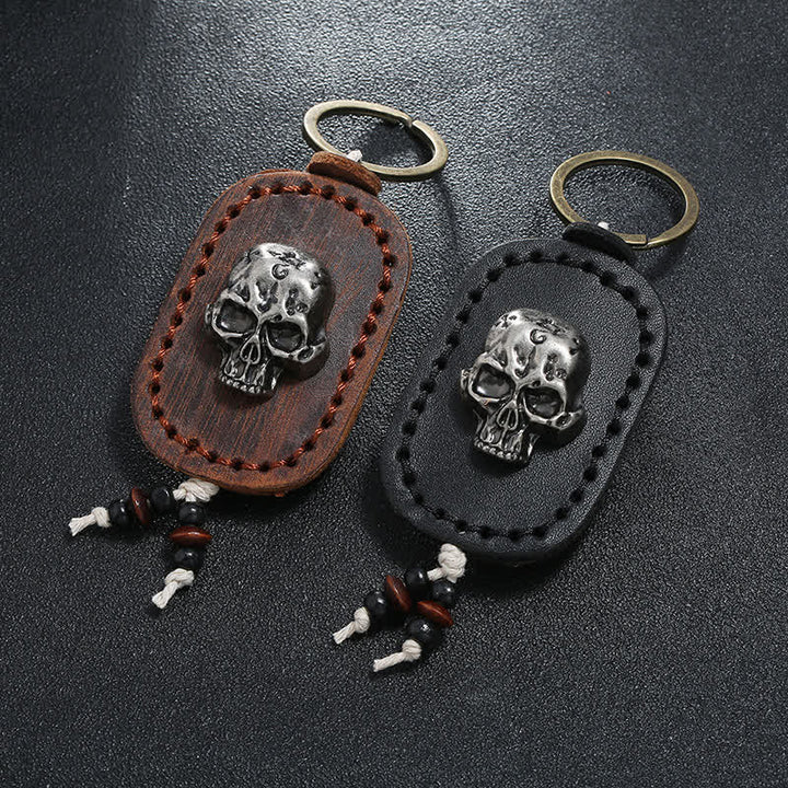 Llavero de cuero con colgante de calavera punk en 3D