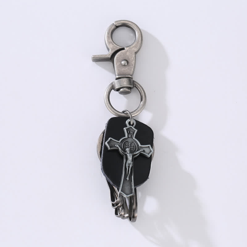 Llavero de cuero con diseño de cruz colgante retro