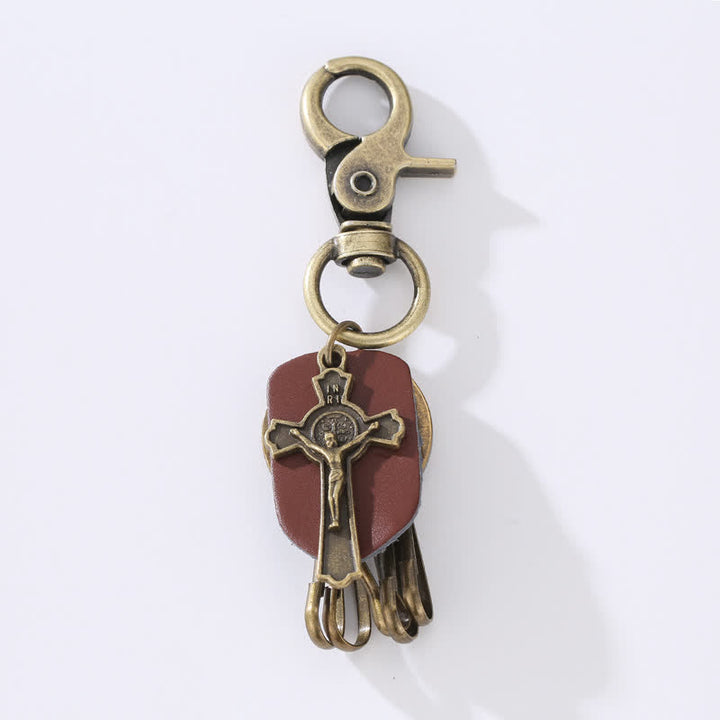 Llavero de cuero con diseño de cruz colgante retro