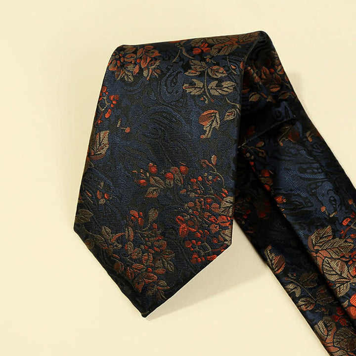 Corbata para hombre con bordado floral en azul medianoche y rojo
