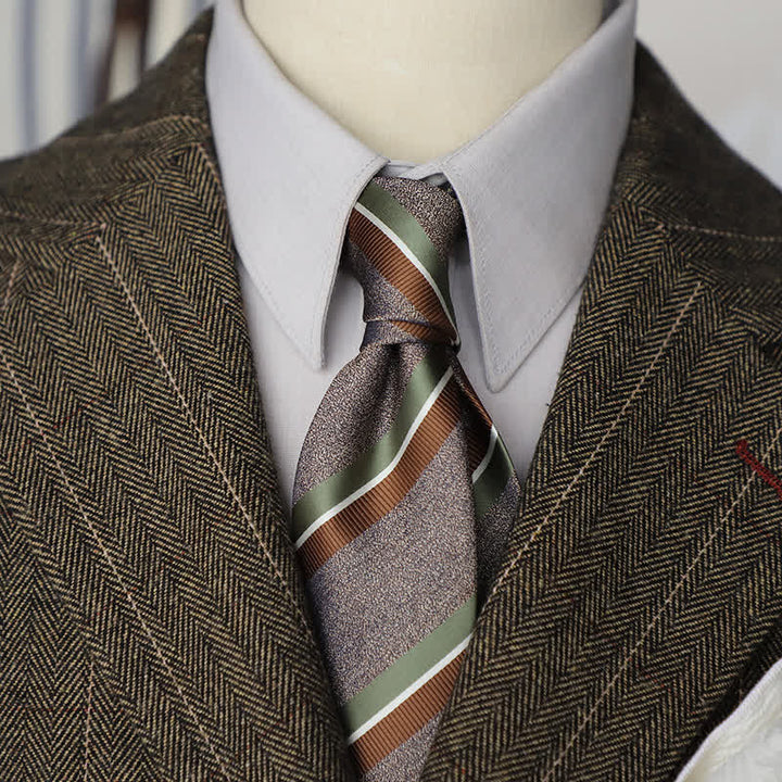 Corbata de rayas marrón, verde café y estilo británico para hombre