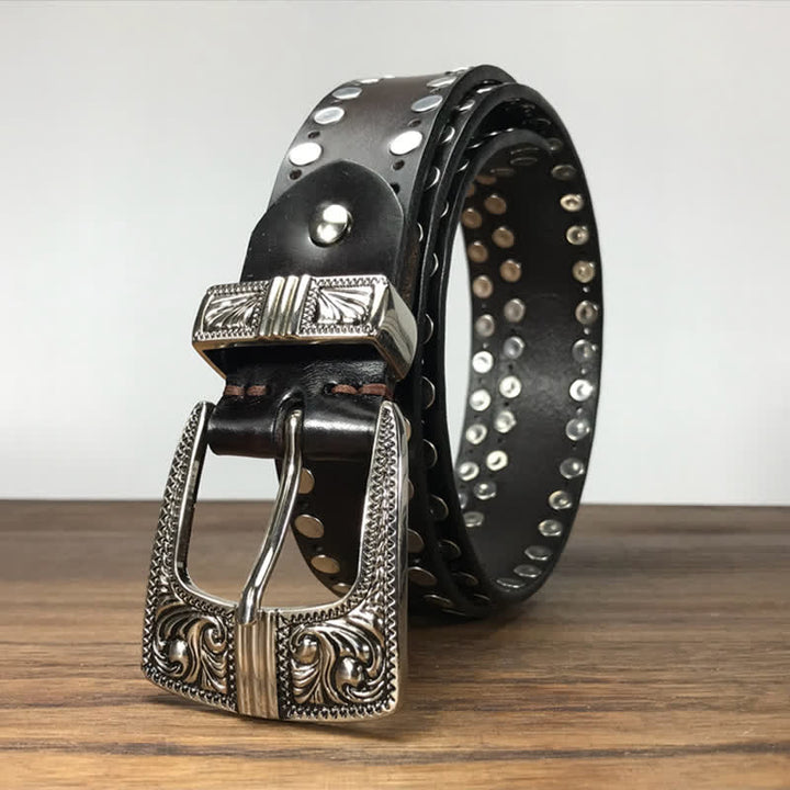 Cinturón de cuero con tachuelas y remaches redondos de dos filas de estilo occidental.