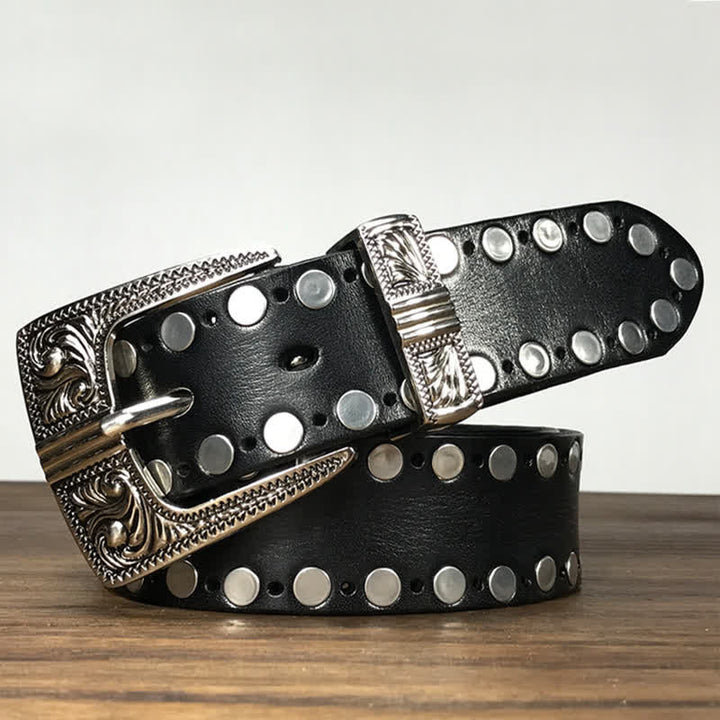 Cinturón de cuero con tachuelas y remaches redondos de dos filas de estilo occidental.
