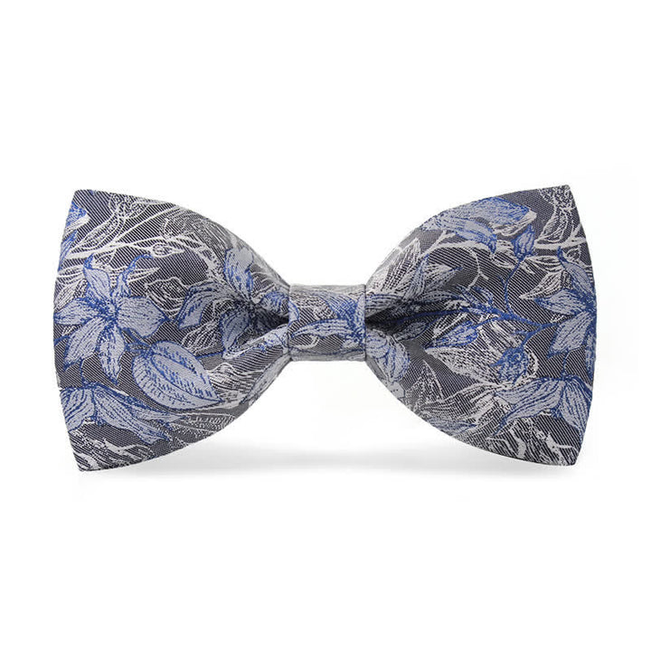 Pajarita de seda con estampado de flores y hojas en gris y azul para hombre