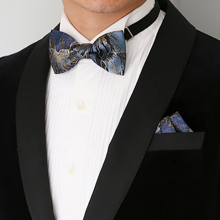 Pajarita de jacquard con estampado floral azul y dorado brillante para hombre