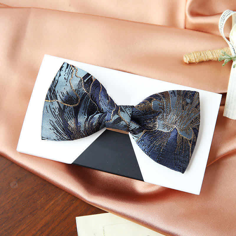 Pajarita de jacquard con estampado floral azul y dorado brillante para hombre