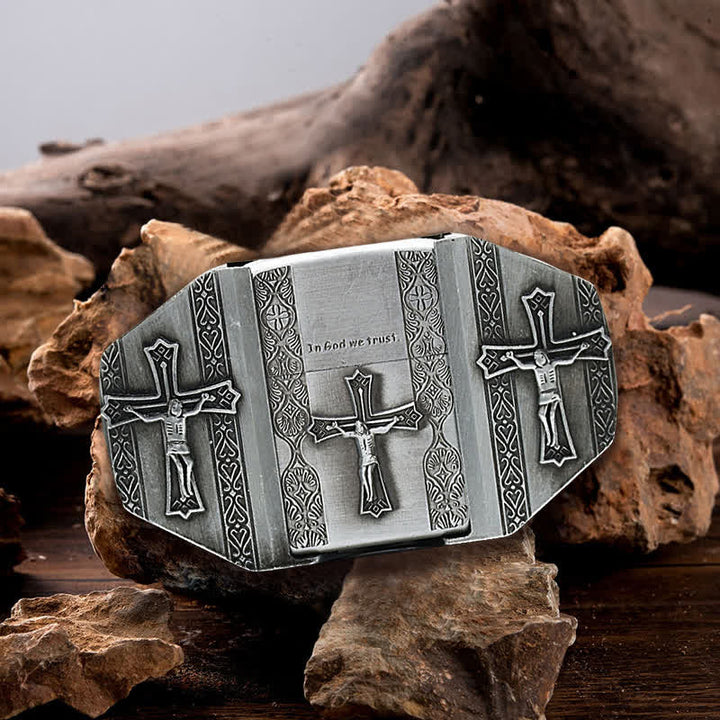 Cinturón de cuero con cruz de Jesús para hombre, hecho a mano, con encendedor oculto