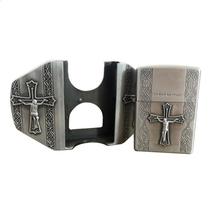 Cinturón de cuero con cruz de Jesús para hombre, hecho a mano, con encendedor oculto