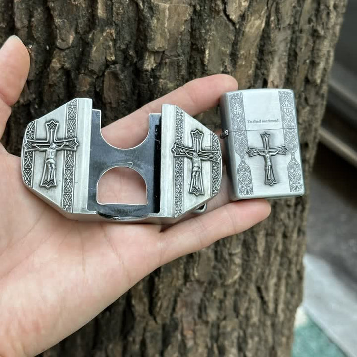 Cinturón de cuero con cruz de Jesús para hombre, hecho a mano, con encendedor oculto