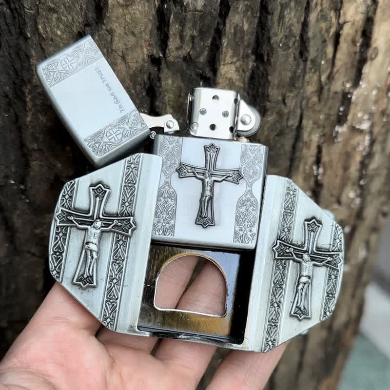 Cinturón de cuero con cruz de Jesús para hombre, hecho a mano, con encendedor oculto