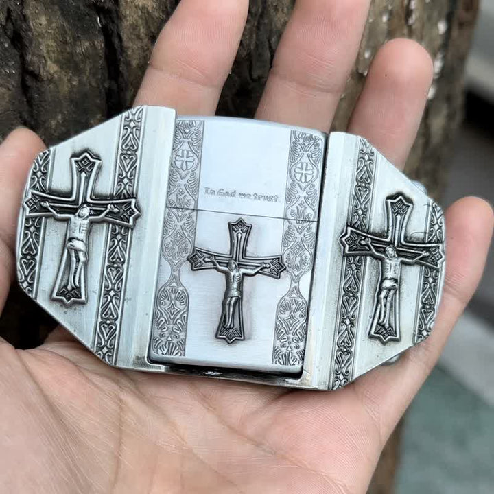 Cinturón de cuero con cruz de Jesús para hombre, hecho a mano, con encendedor oculto