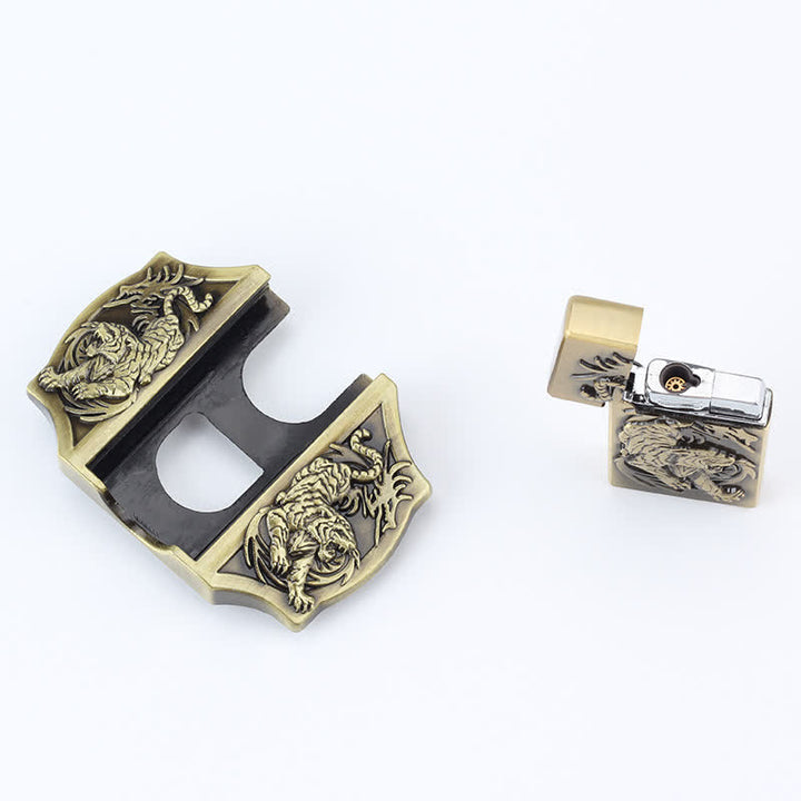 Cinturón de cuero con triple tigre de bronce para hombre con encendedor oculto