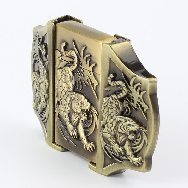 Cinturón de cuero con triple tigre de bronce para hombre con encendedor oculto