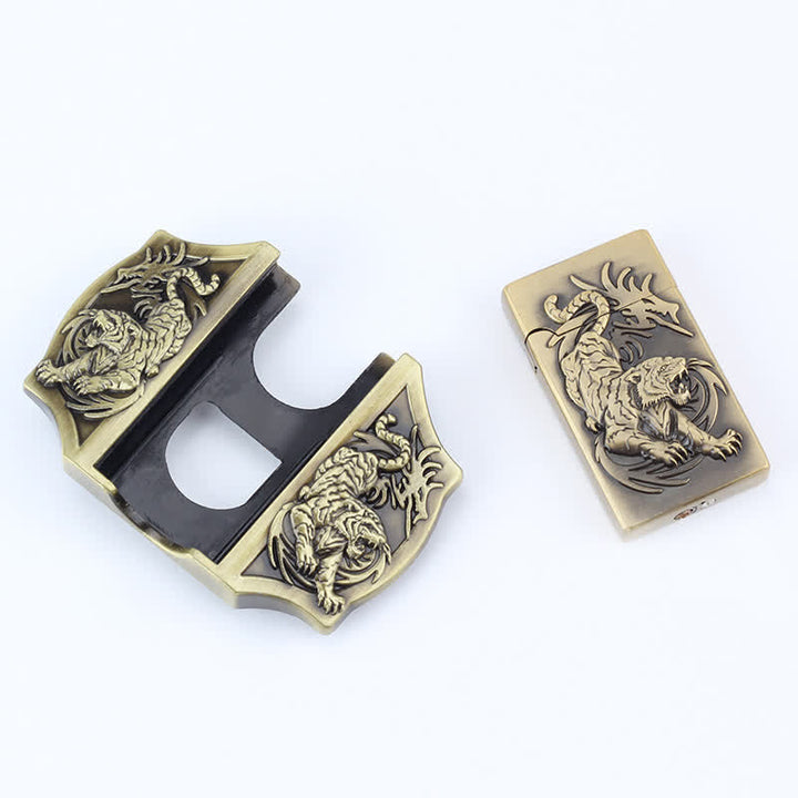 Cinturón de cuero con triple tigre de bronce para hombre con encendedor oculto