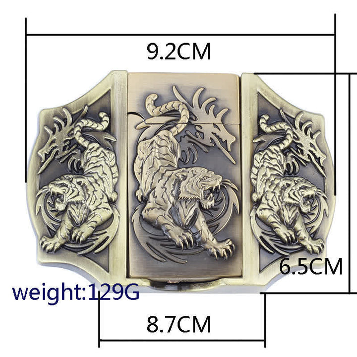 Cinturón de cuero con triple tigre de bronce para hombre con encendedor oculto