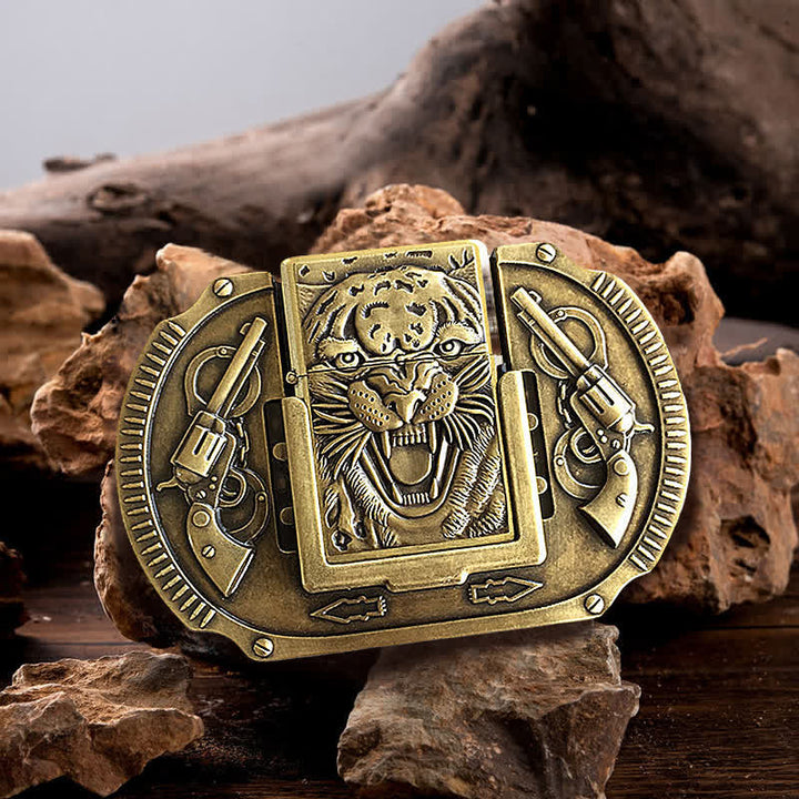 Cinturón de piel de tigre de bronce para hombre con encendedor oculto