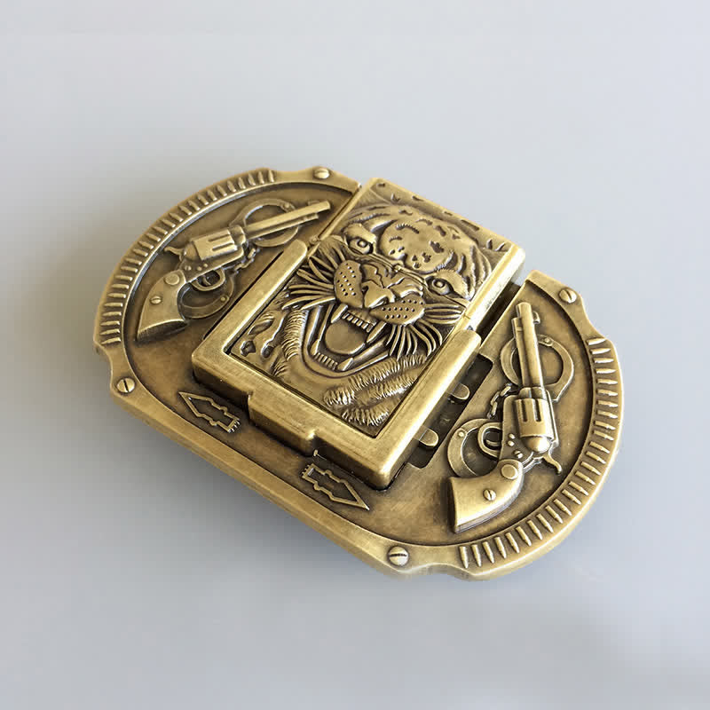 Cinturón de piel de tigre de bronce para hombre con encendedor oculto