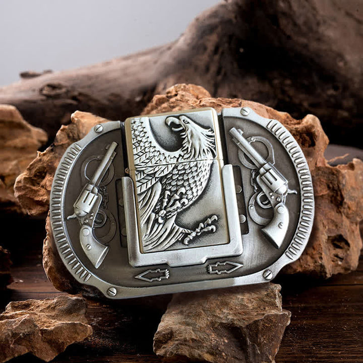 Cinturón de cuero con diseño de águila plateada y encendedor oculto para hombre
