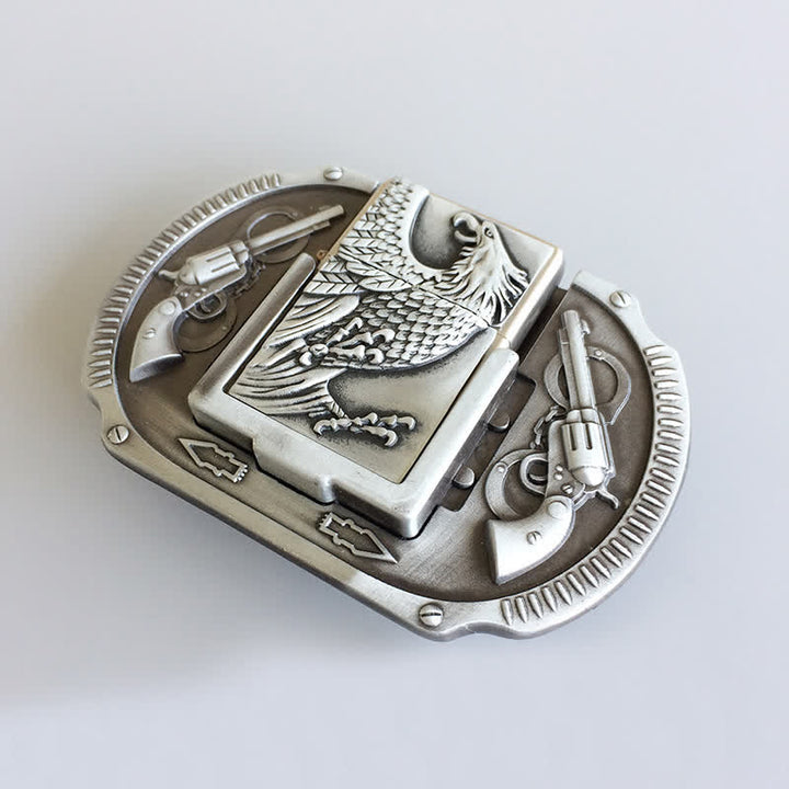Cinturón de cuero con diseño de águila plateada y encendedor oculto para hombre