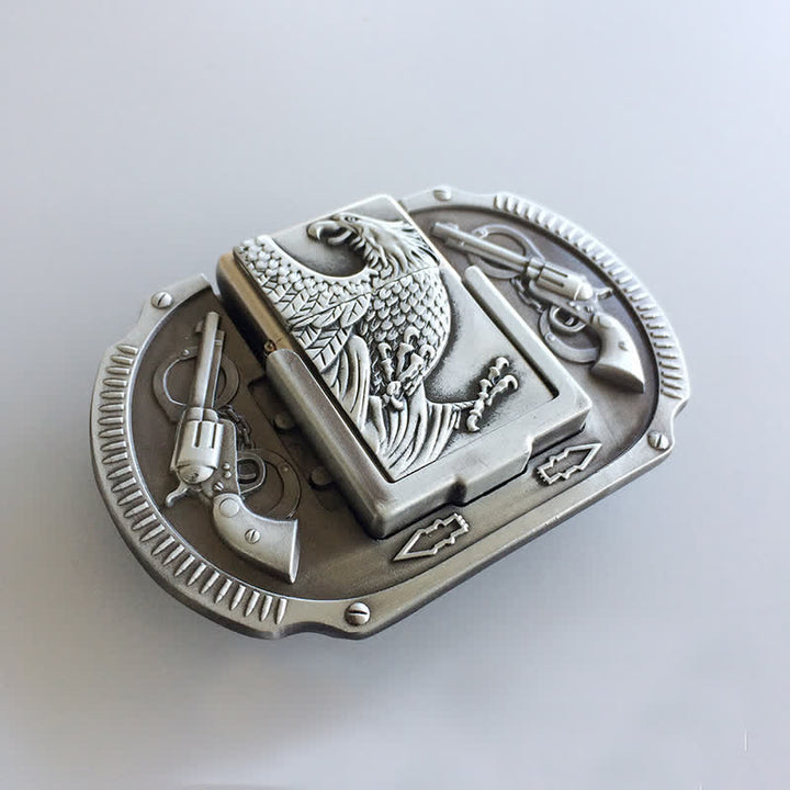 Cinturón de cuero con diseño de águila plateada y encendedor oculto para hombre