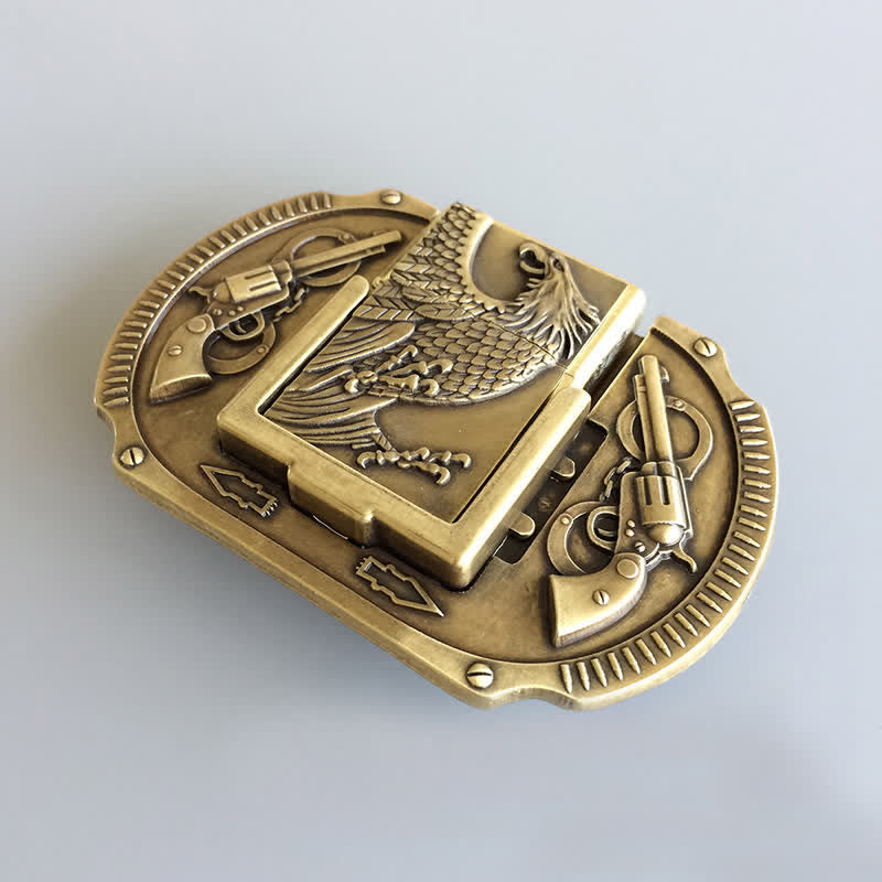 Cinturón de cuero con forma de águila de bronce para hombre, con encendedor oculto, hecho a mano