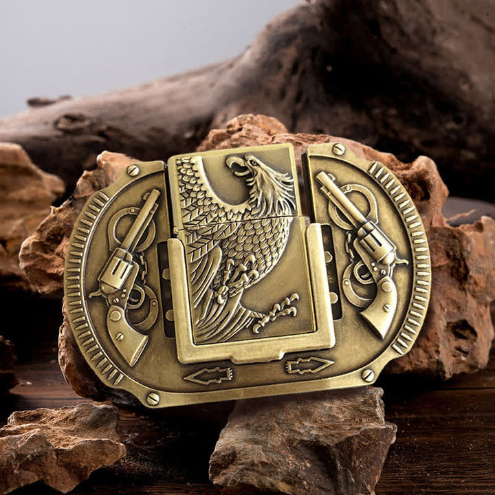 Cinturón de cuero con forma de águila de bronce para hombre, con encendedor oculto, hecho a mano